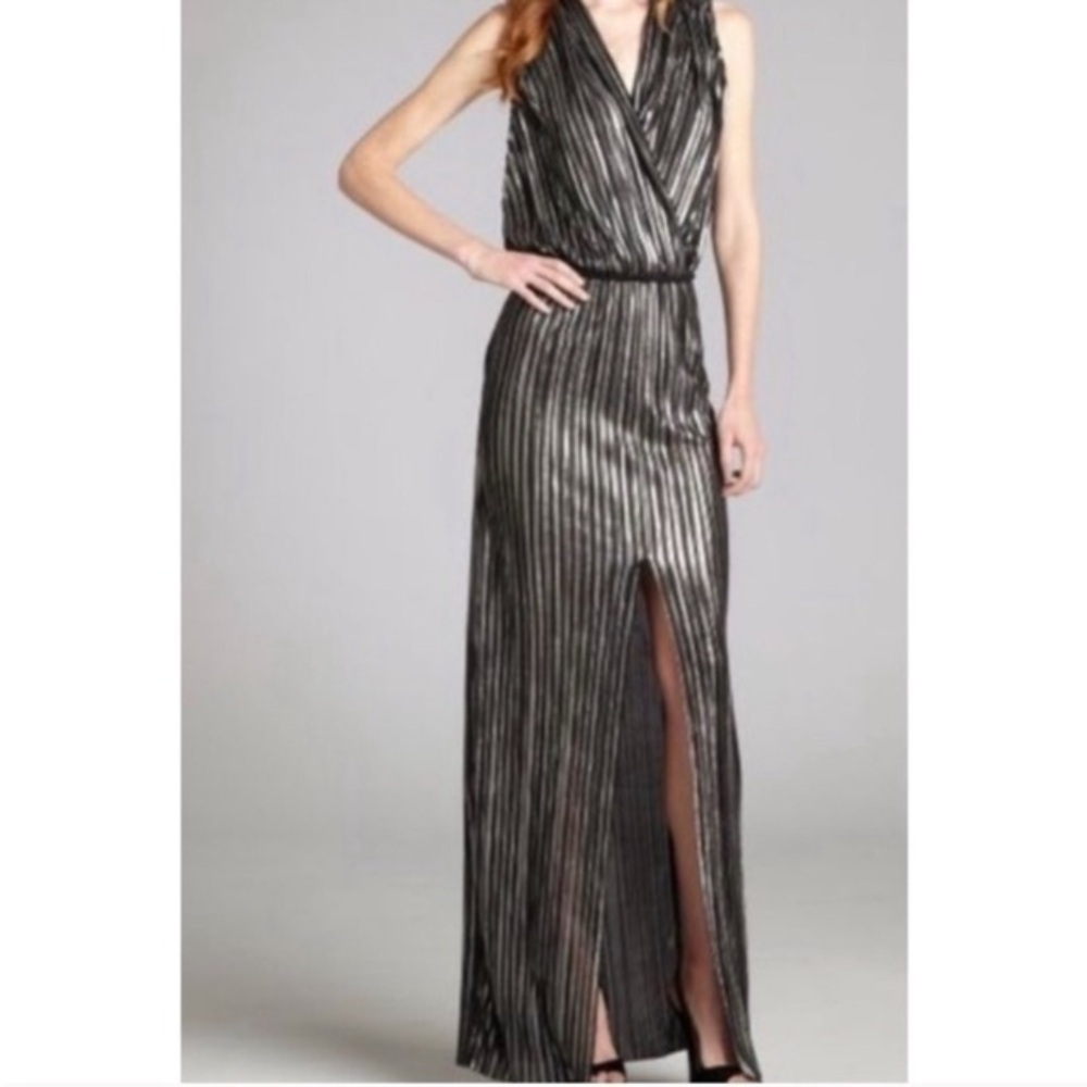 L’Agence Pleated Metallic Silver Black Satin Maxi Dress L Sexy Disco Maximalist